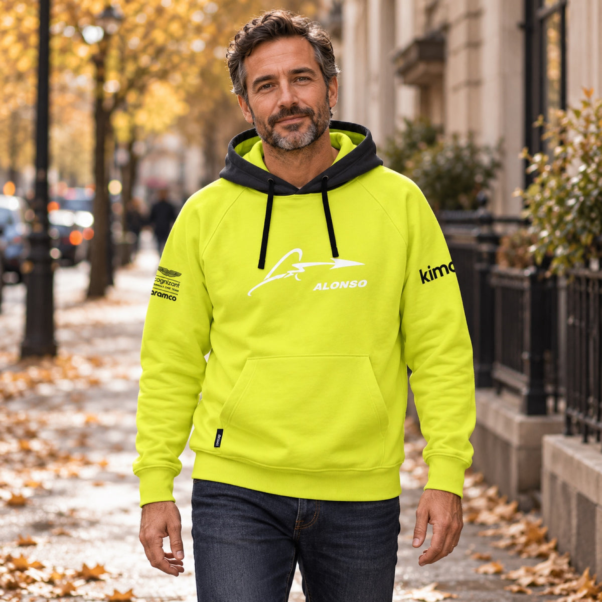 Voľnočasová mikina s kapucňou Fernando Alonso x Aston Martin – limetková – ilustračné foto (AI)