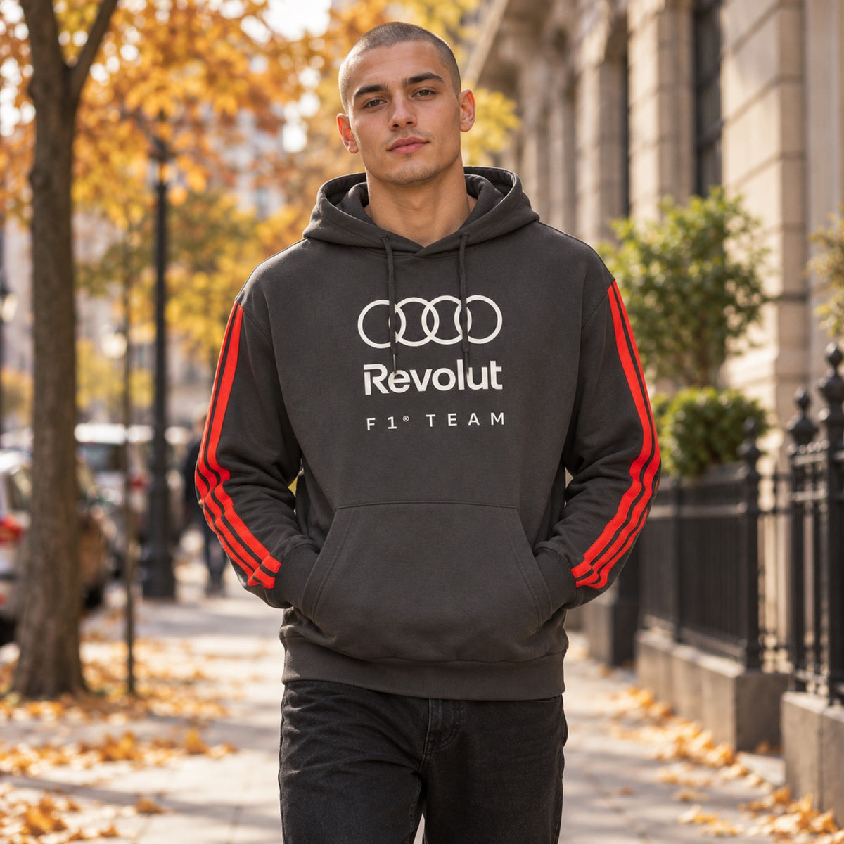 Mikina s kapucňou Audi Revolut F1 x Adidas – sivá, lifestylová edícia – ilustračné foto (AI)