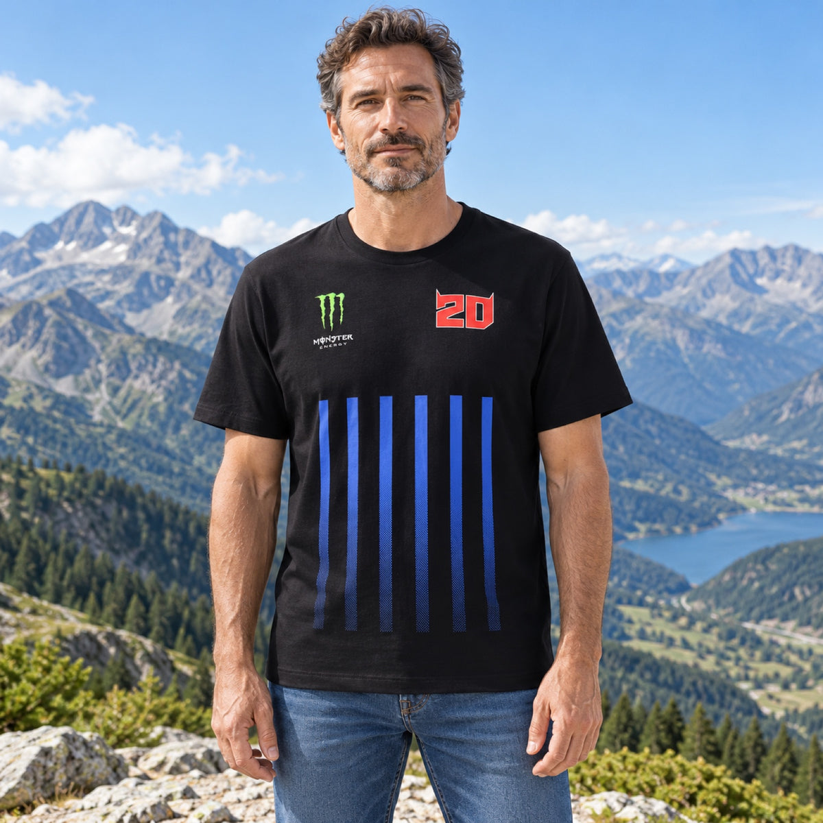 Tričko Fabio Quartararo Monster Energy Stripes – čierne – ilustračné foto (AI)