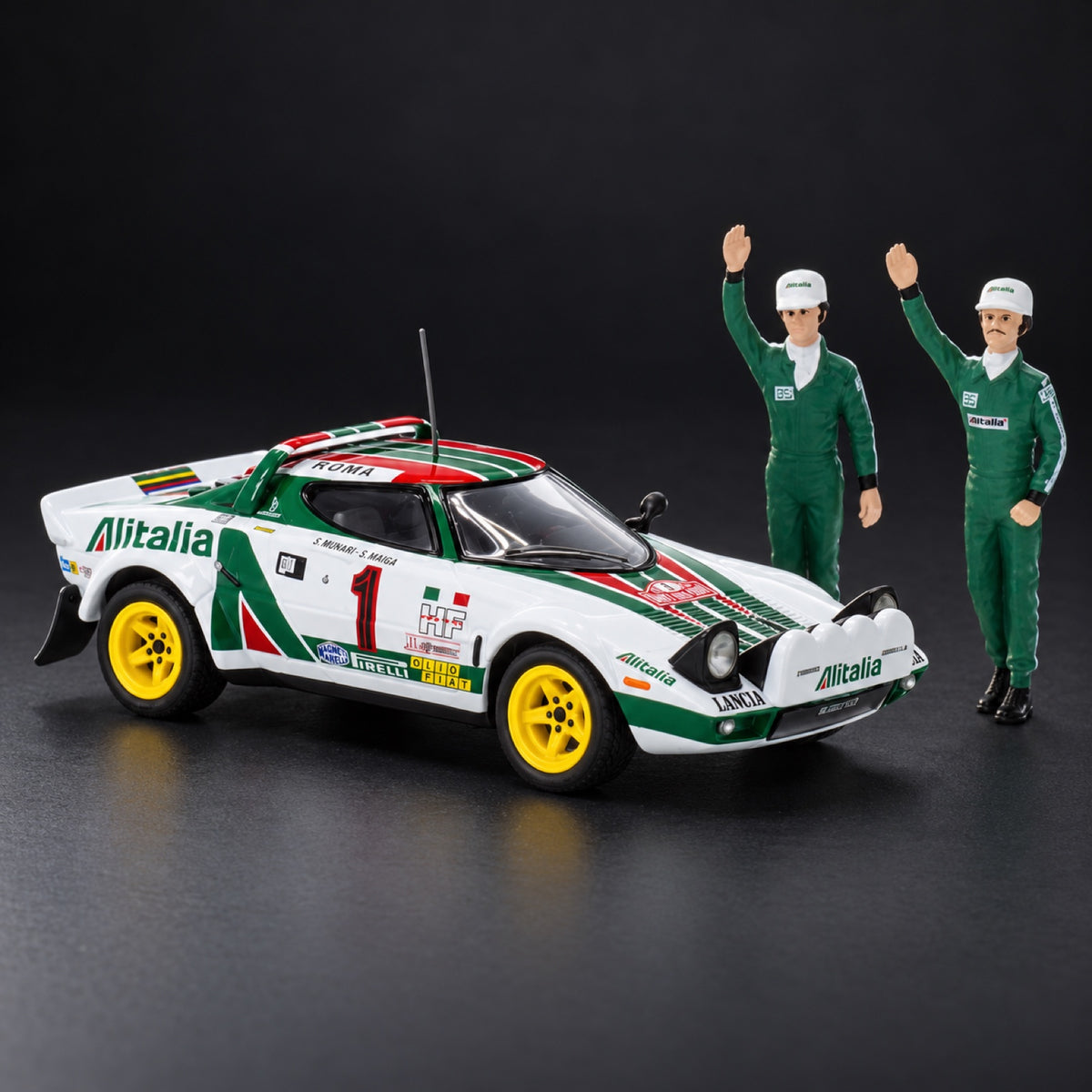 Model Lancia Stratos HF, No.1, Alitalia, WRC, Rallye Monte Carlo, víťaz, s figúrkami, S. Munari/S. Maiga, 1977 – ilustračné foto (AI)