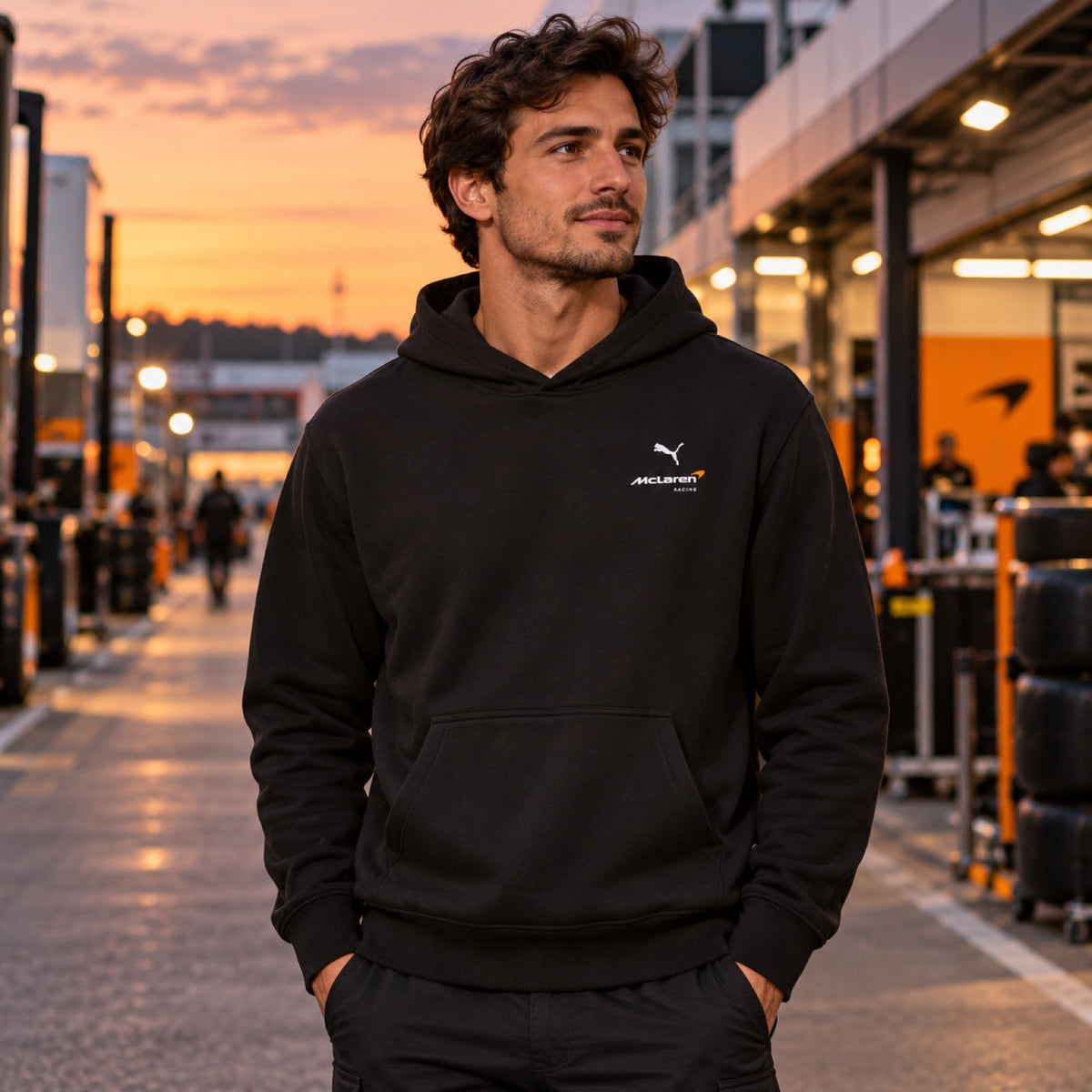 McLaren F1 Hoodie with Puma Logo – Black – Casual Edition – illustrative photo (AI)