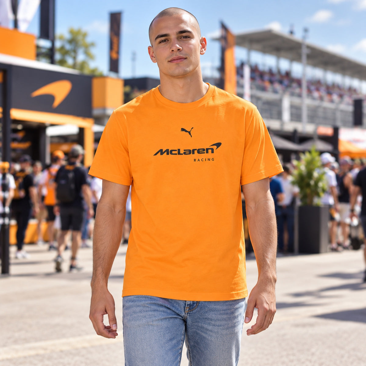 Tričko McLaren F1 s logom Puma – oranžové, voľnočasová edícia – ilustračné foto (AI)