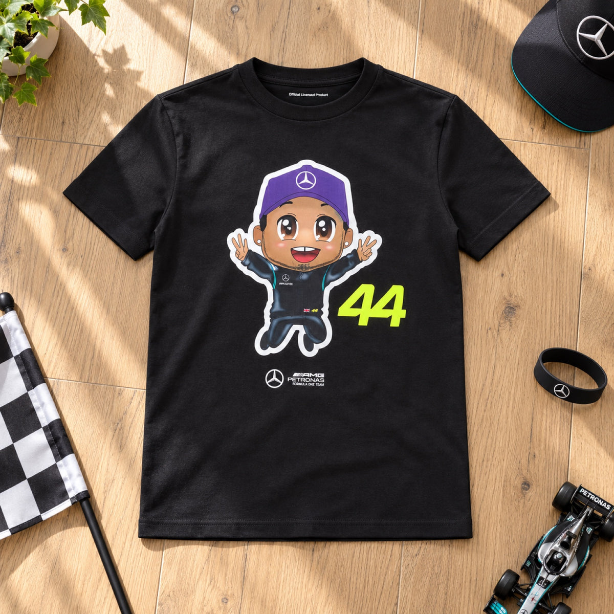 Detské tričko Lewis Hamilton Mercedes-AMG F1 – čierne – 152 cm – ilustračné foto (AI)