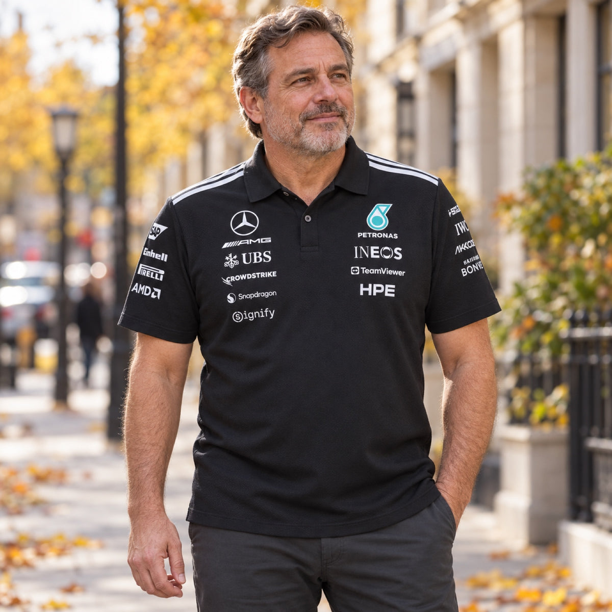 Mercedes-AMG PETRONAS F1 x Adidas Team Polo with Sponsor Logos – Black – illustrative photo (AI)