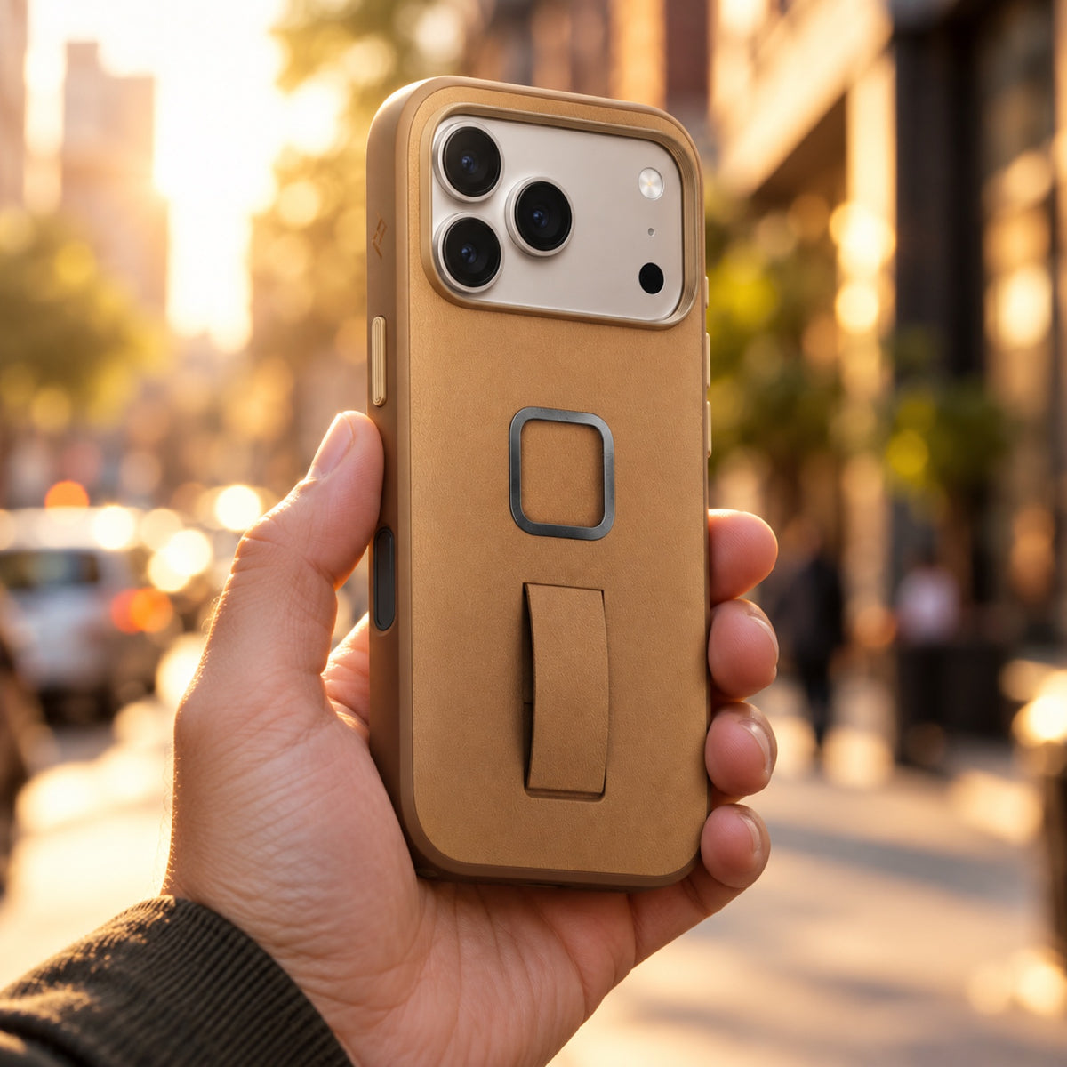 Peak Design Everyday Clarino Loop Case – iPhone 17 Pro – Tan – ilustračné foto (AI)