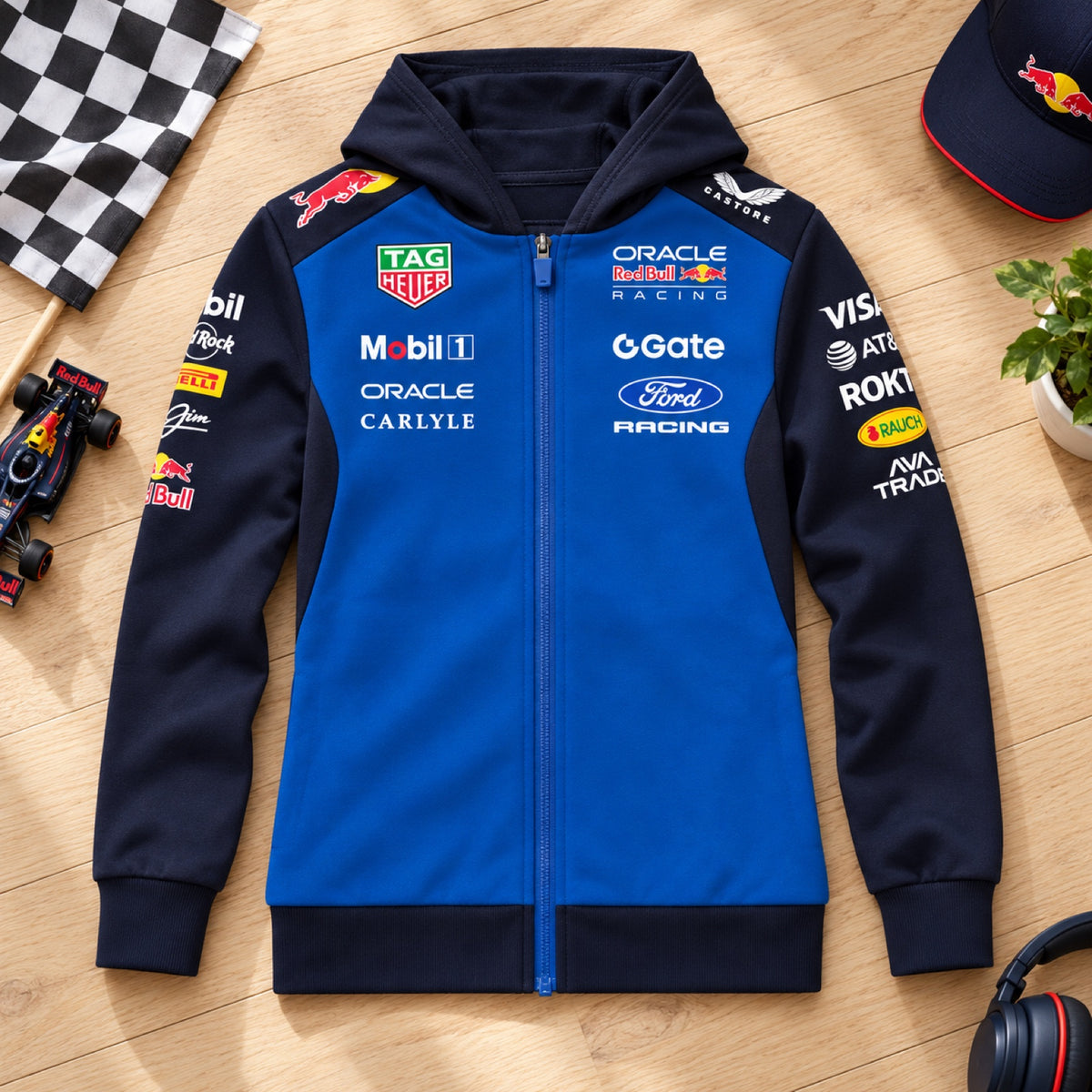 Oracle Red Bull Racing Kids' Zip Hoodie with Sponsor Logos – Team Edition – ilustrační foto (AI)