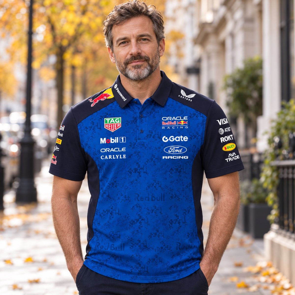 Tímová polokošeľa Oracle Red Bull Racing s logami sponzorov – ilustračné foto (AI)