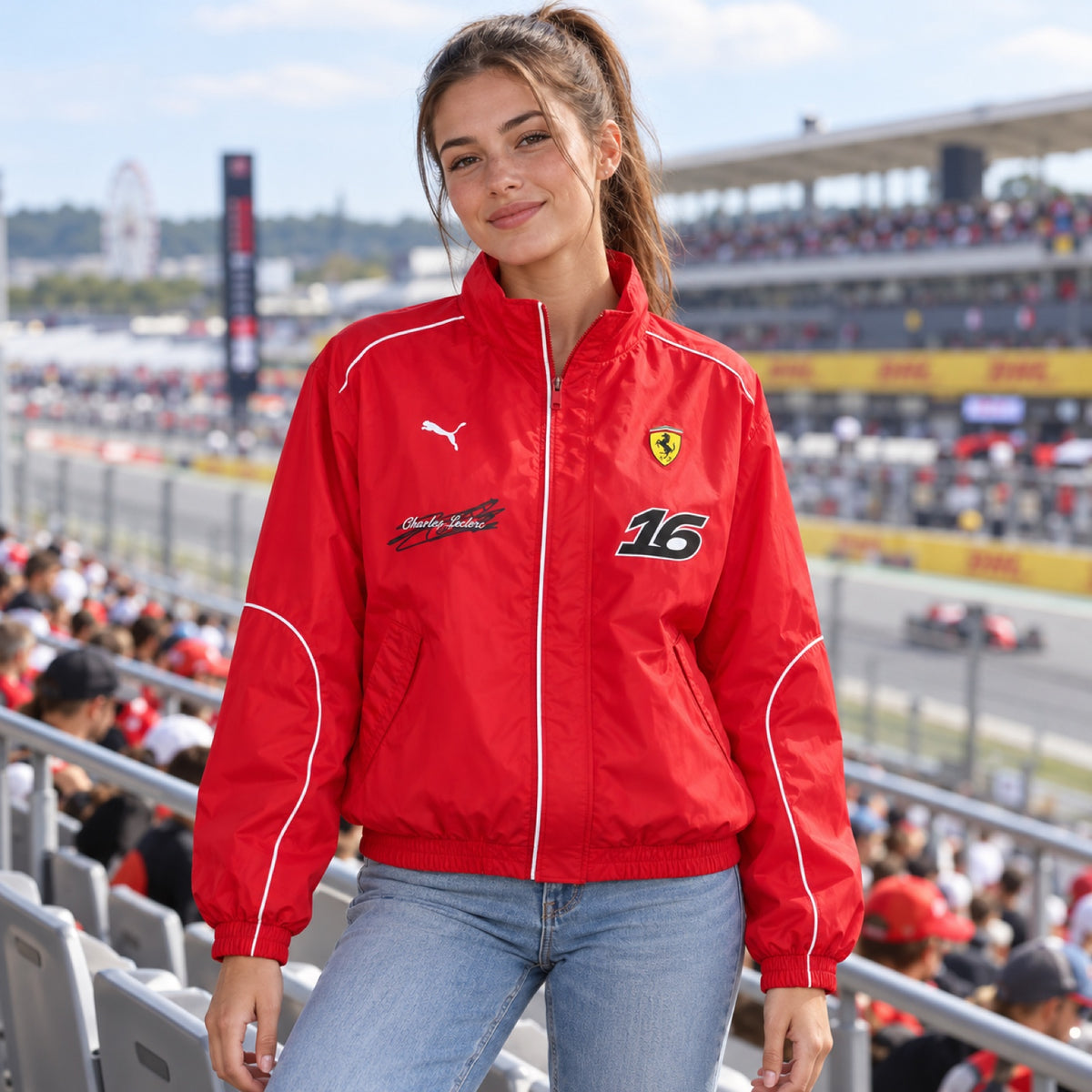 Bunda Charles Leclerc Scuderia Ferrari F1 x Puma – fanúšikovská edícia – ilustračné foto (AI)