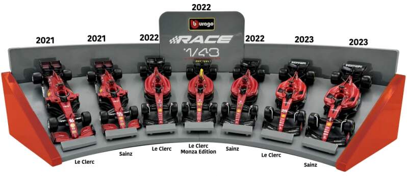 Set of 7 Scuderia Ferrari 1:43 Bburago models – Leclerc / Sainz