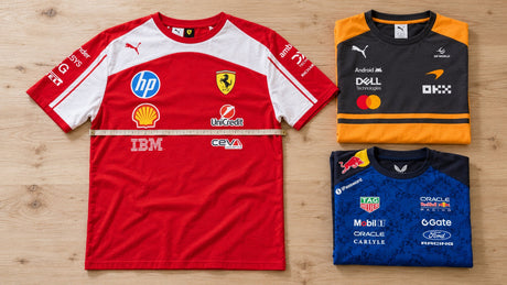 Tabuľky veľkostí tímového oblečenia F1 a MotoGP: Puma, Castore, Adidas a New Era – ilustračný obrázok vytvorený pomocou AI