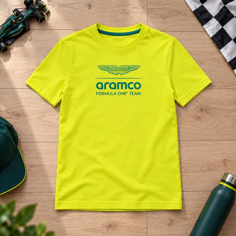 Detské voľnočasové tričko Aston Martin F1 Team LOGO – svetložlté – 164 cm – ilustračné foto (AI)