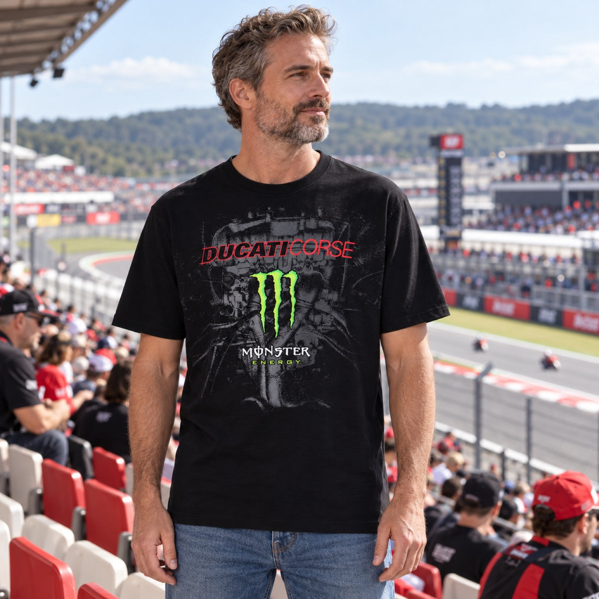 Fanúšikovské tričko Ducati Corse Monster Energy – čierne – ilustračné foto (AI)