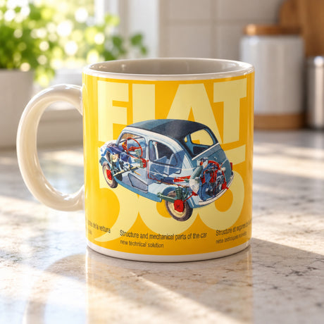 Keramický hrnček Fiat 500 – žltý, oficiálny produkt – ilustračné foto (AI)
