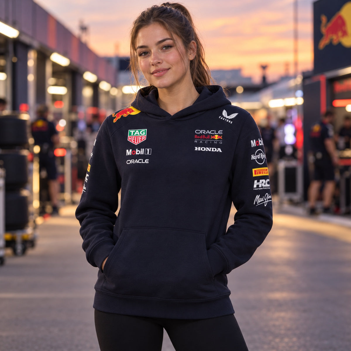 Tímová mikina s kapucňou Oracle Red Bull Racing s logami sponzorov – ilustračné foto (AI)