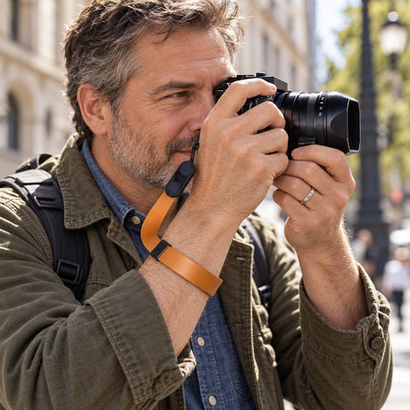 Peak Design Cuff Leather Camera Wrist Strap – Amber – ilustračné foto (AI)