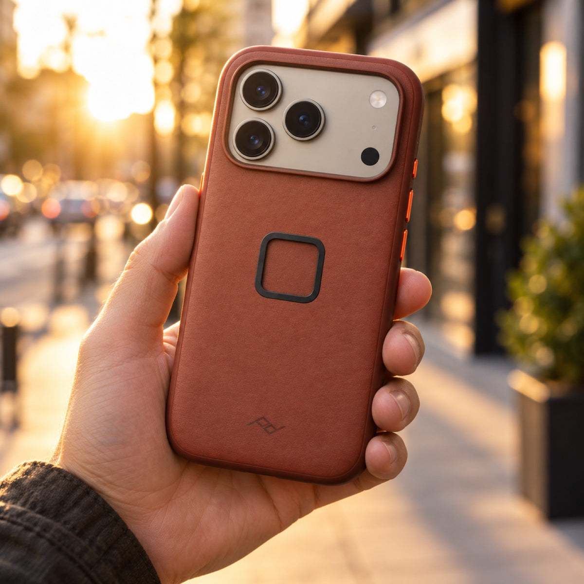 Peak Design Everyday Case Slimlink iPhone 18 Pro – Redwood Clarino – ilustračné foto (AI)