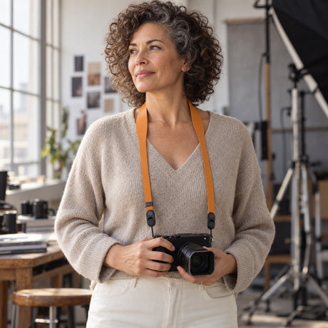 Peak Design Form Leather Camera Strap Short – Amber – ilustračné foto (AI)