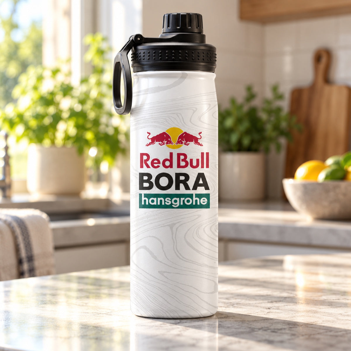 Red Bull Bora Hansgrohe Metal Water Bottle with Logo – illustrative photo (AI)