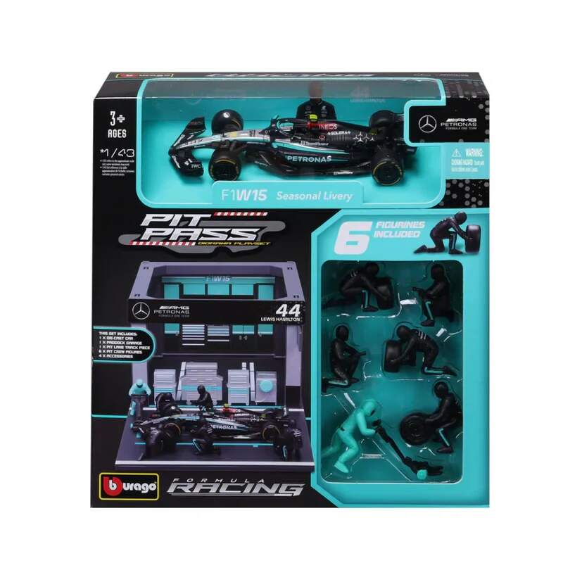 Bburago Mercedes F1 1:43 model Lewis Hamilton with pit garage